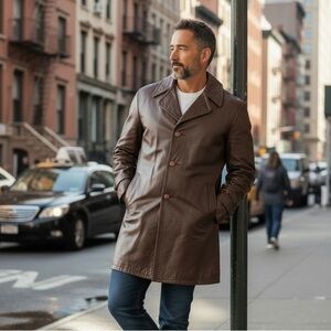 Sears Vintage Brown Leather Faux Shearling Removable Lining Notched Lapel Coat